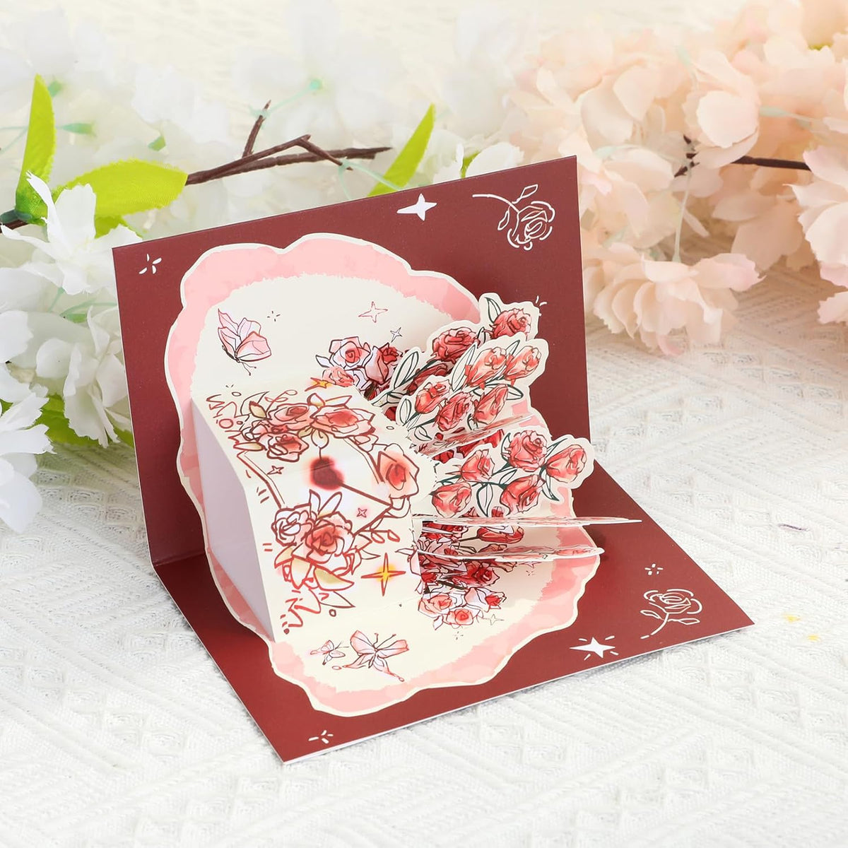 Pop Up Red Rose Flower Card 3D Paper Flower Card for Mother's Day Birthday Anniversry Valentines Day Thank You, 6 IN Romantic Card for Mom Wife Girlfriend with Message Tag and Envelope