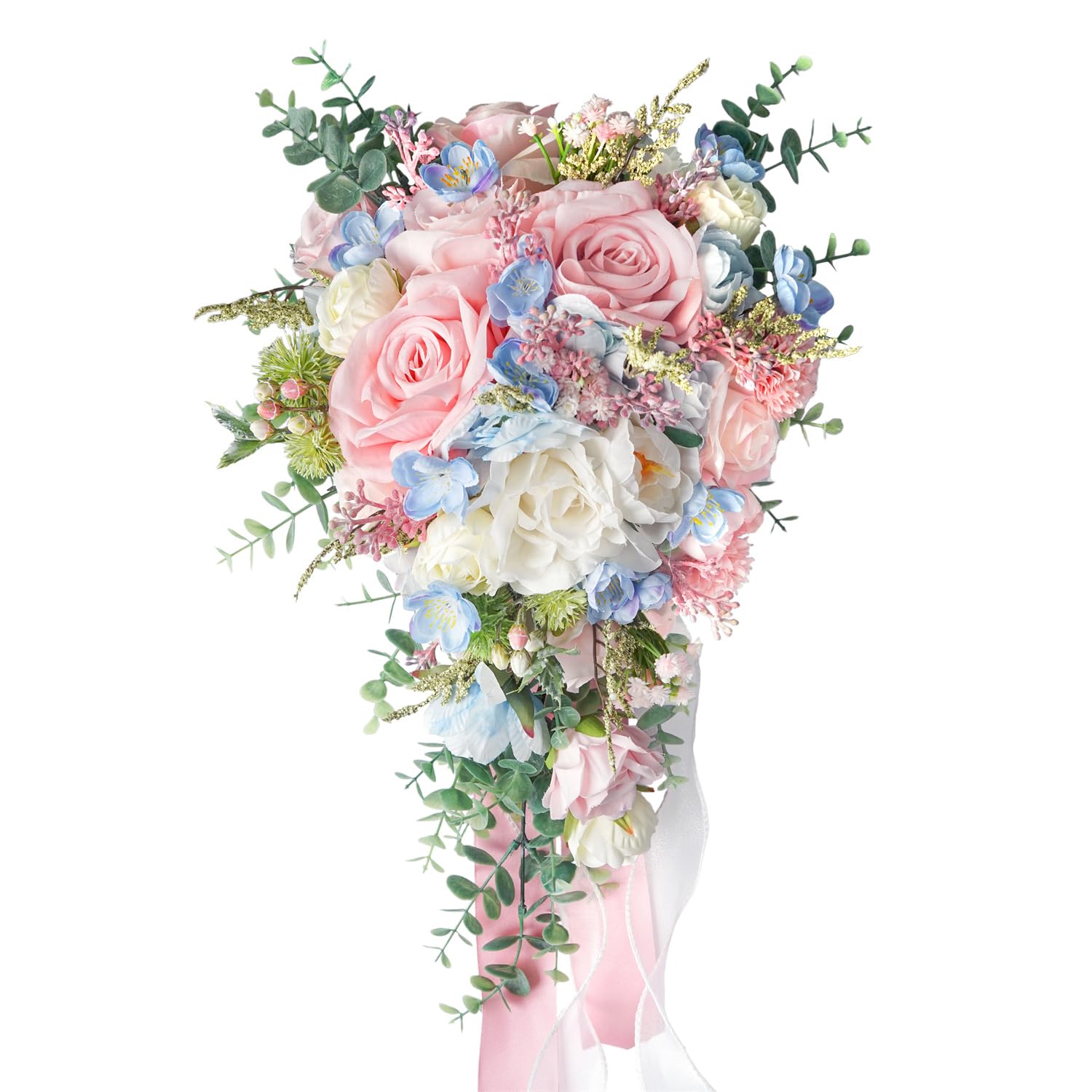 Large Pink Rose Bouquets For Bride Spring Summer Wedding Creamy Blue Blush Pink White Cascading Bridal Bouquet Artificial Silk Flower Boho Rustic Ceremony Anniversary Decor Toss Bouquet