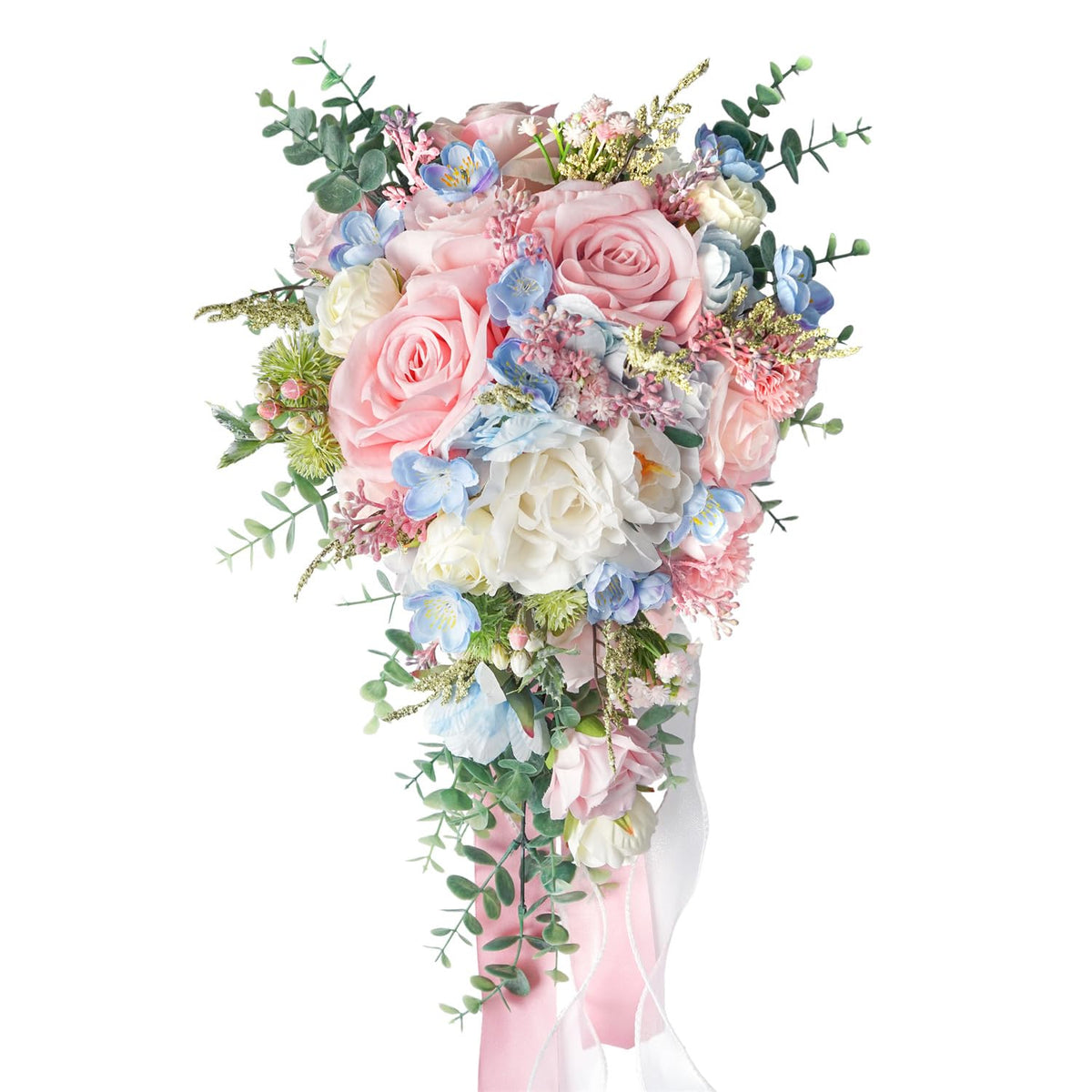 Large Pink Rose Bouquets For Bride Spring Summer Wedding Creamy Blue Blush Pink White Cascading Bridal Bouquet Artificial Silk Flower Boho Rustic Ceremony Anniversary Decor Toss Bouquet