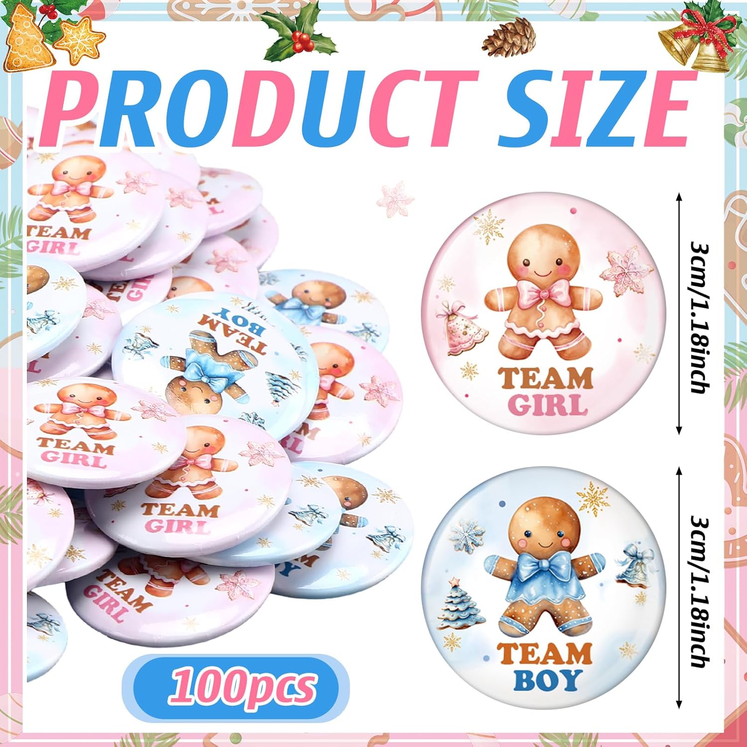 100 Pcs Christmas Gingerbread Man Gender Reveal Pins Team Boy Or Girl Gender Reveal Button Pins Bulk Blue Pink Baby Shower Badges For Holiday Baby Shower Game Party Favor