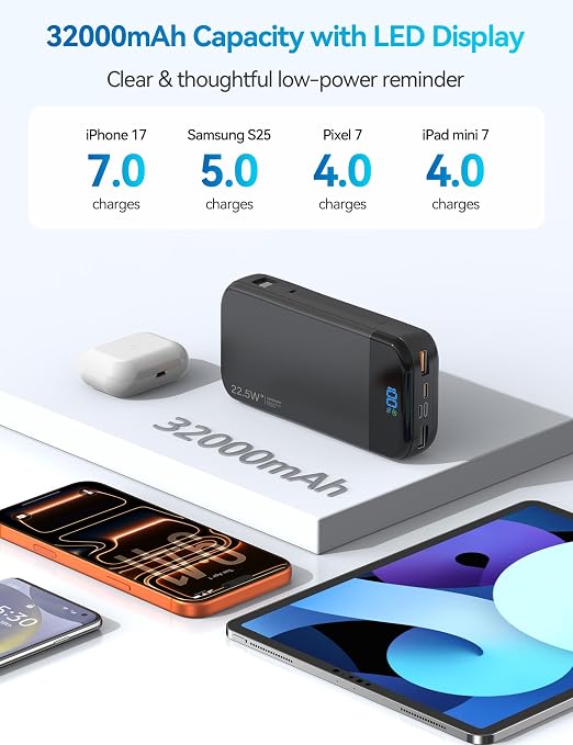 32000mAh 22.5W Fast Charging Portable Power Bank with Built In USB C Cables and Digital Display