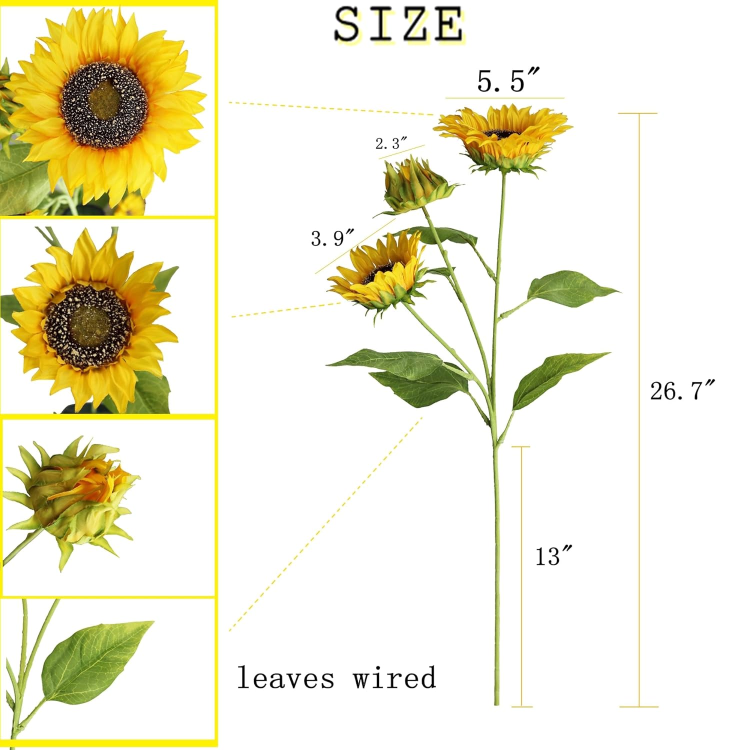 Artificial Sunflowers Silk Flowers Fake Branches Decorative Plants Stems For Home Office Shop Decor (2Pcs)