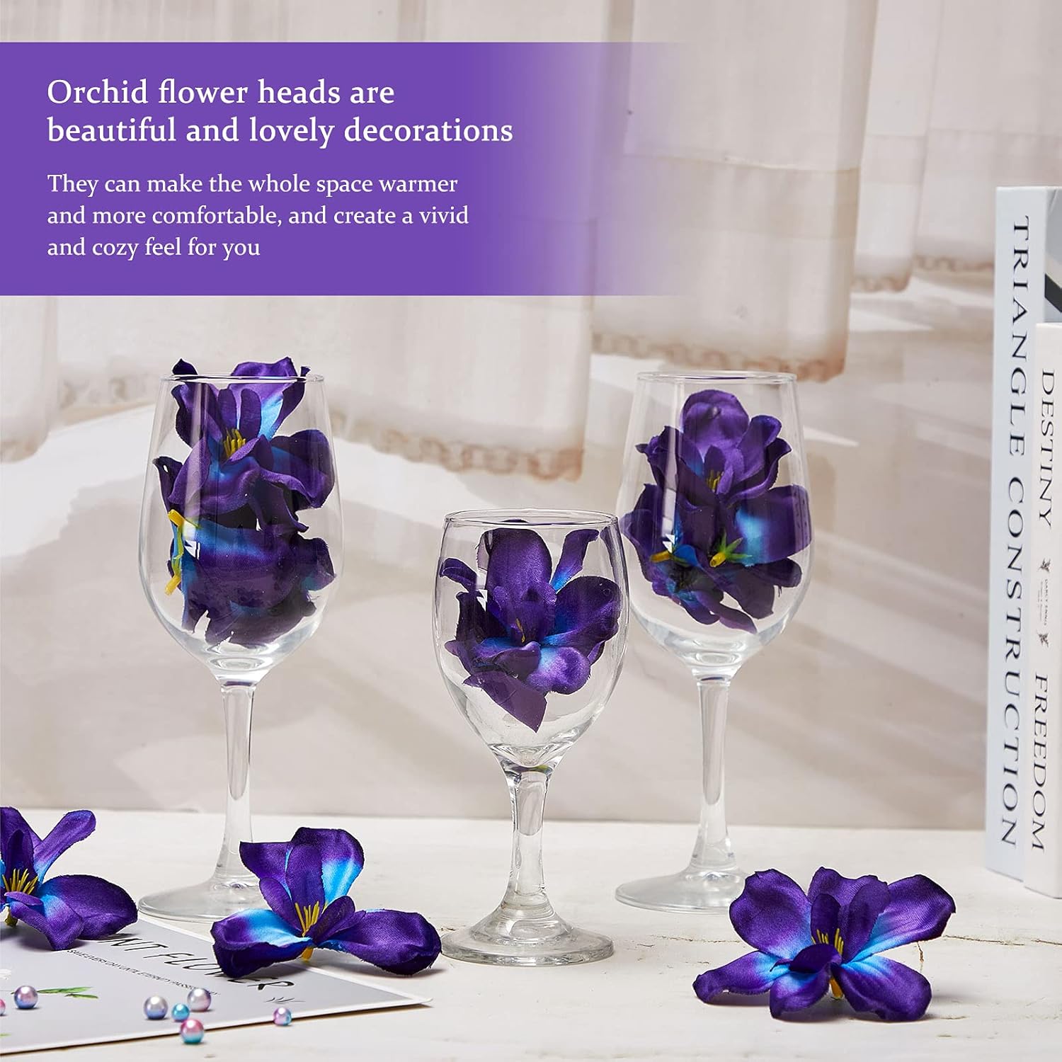 100 Pieces Blue Purple Faux Orchid Flowers Halloween Flower Day Of The Dead Decoration Artificial Orchids For Diy Home Wedding Table Centerpieces Mexican Party Birthday Cake Ornaments (Blue Purple)