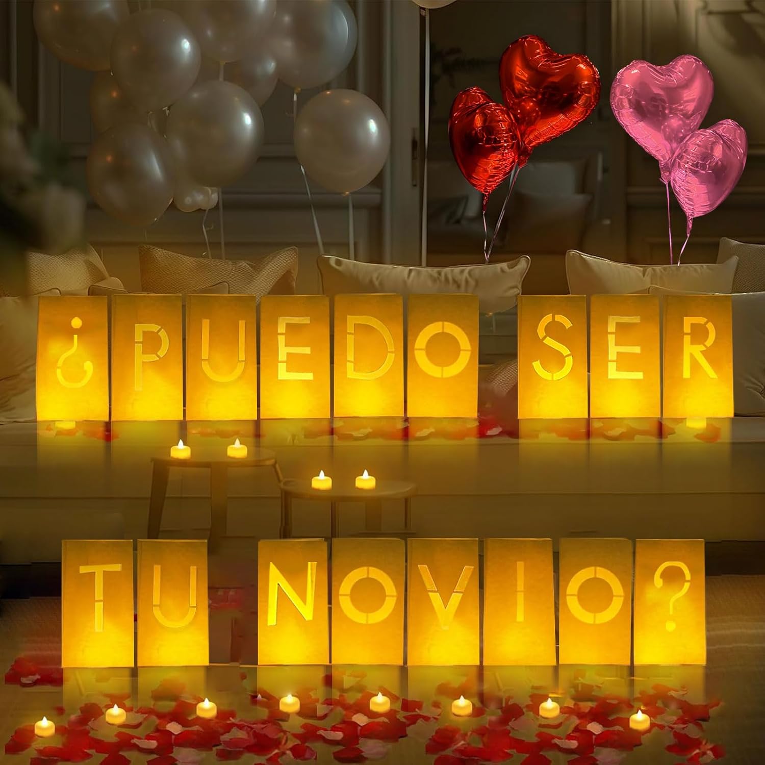 Puedo Ser Tu Novio Lighted Letters Sign 17Pcs Luminary Paper Bags 2200Pcs Red Pink Artificial Rose Petals 48Pcs Flameless Led Candle Tealight 15Pcs Heart Balloons Romantic Night Valentine'S Day