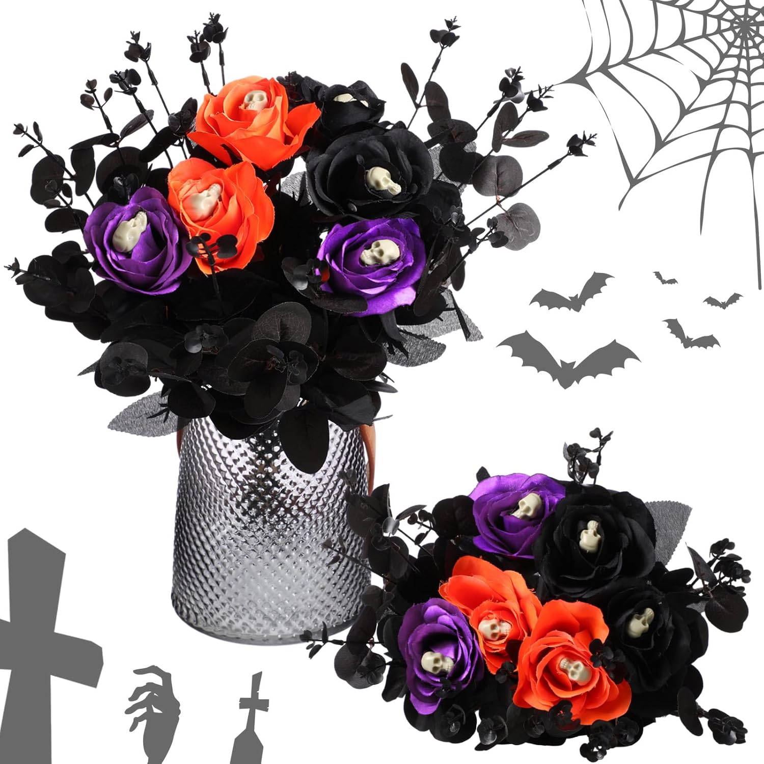 12 Pcs Halloween Black Faux Rose Artificial Flowers With Skull Skeleton Hand Purple Flower Bouquets Black Eucalyptus Leaves Branches Set Fake Rose For Halloween Party