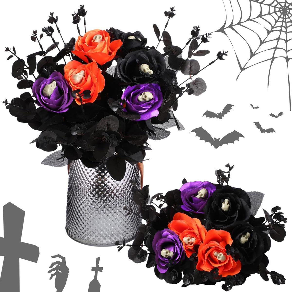 12 Pcs Halloween Black Faux Rose Artificial Flowers With Skull Skeleton Hand Purple Flower Bouquets Black Eucalyptus Leaves Branches Set Fake Rose For Halloween Party