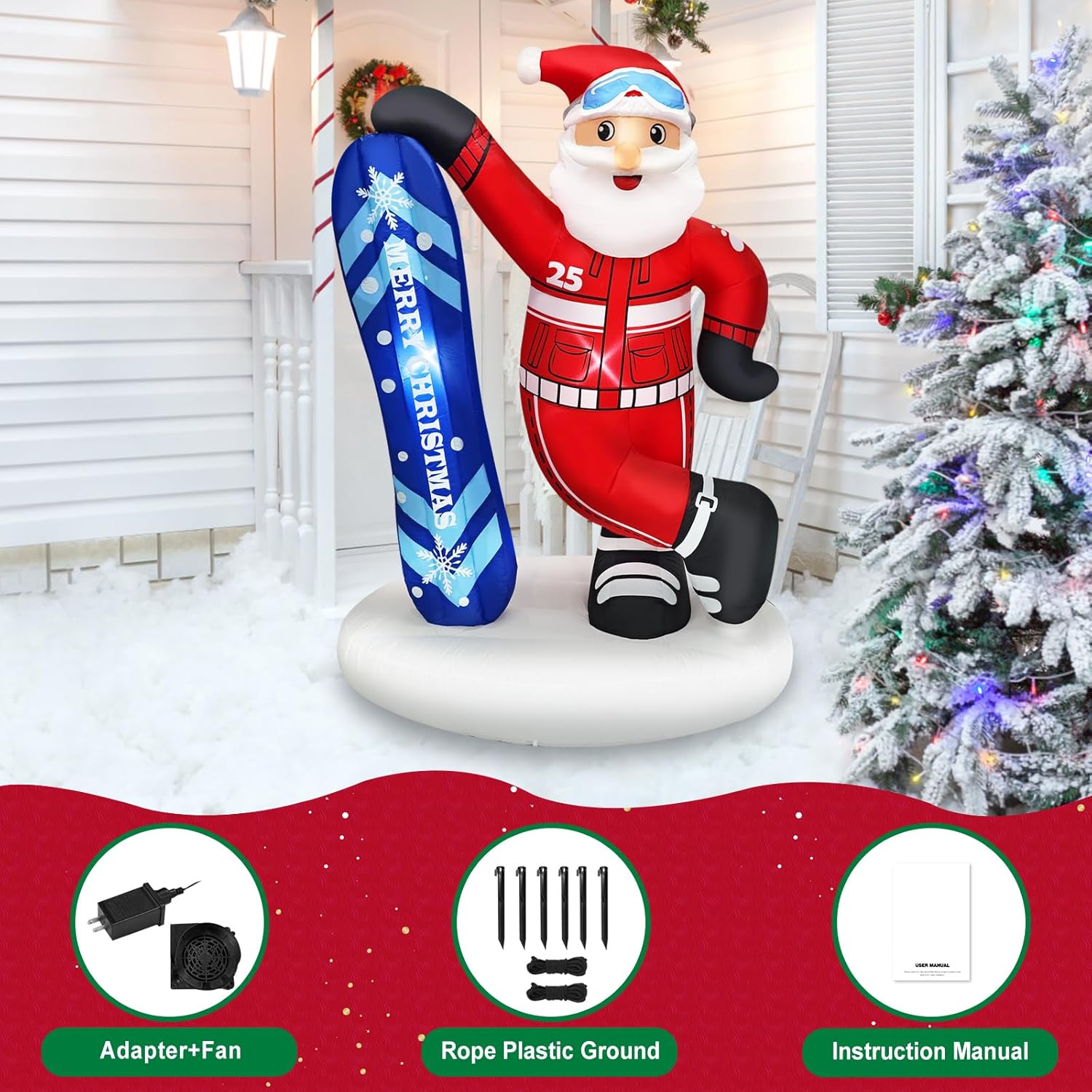 Christmas Inflatable Decoration 6.9 Ft Snowboarding Santa Claus With Goggles & Blue “Merry Christmas” Snowboard Cool Fun