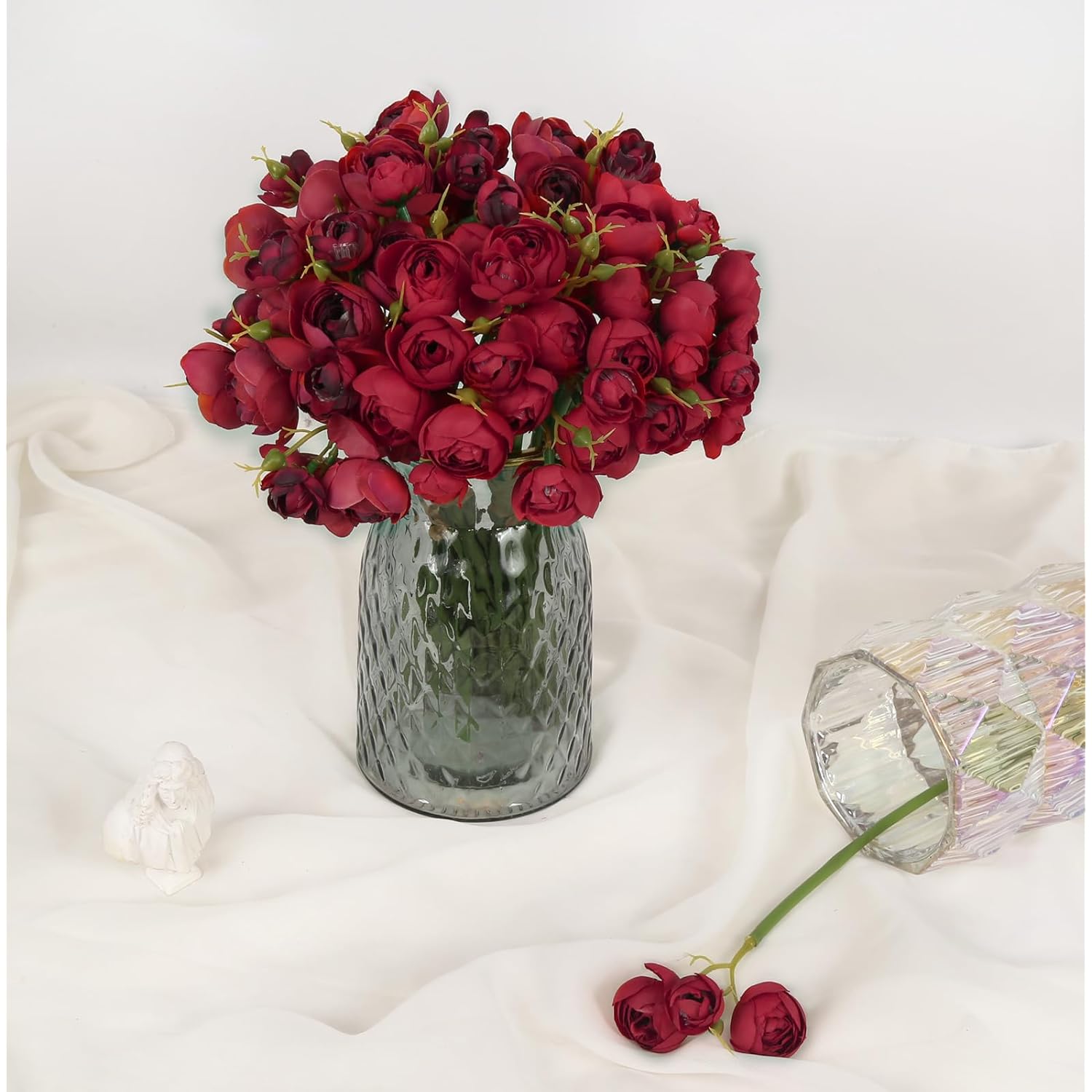 Ranunculus Artificial Flowers 21Pcs Faux Silk Mini Ranunculus Bulk Wedding Filler Flowers For Diy Bridal Shower Bouquets Centerpieces Decor(Red)