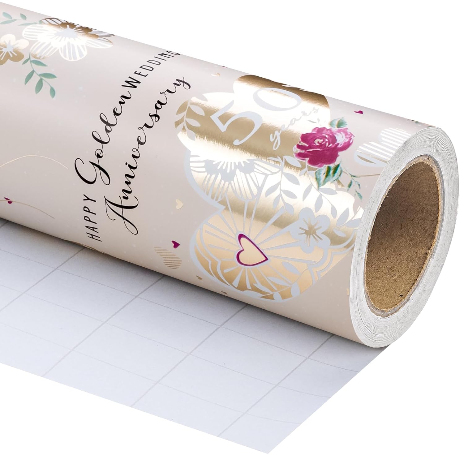 50Th Anniversary Wrapping Paper Roll - Mini Roll - 17 Inch X 33 Feet - Gold Foil 50 Years Happy Golden Wedding Anniversary Design Perfect For Celebration, Party
