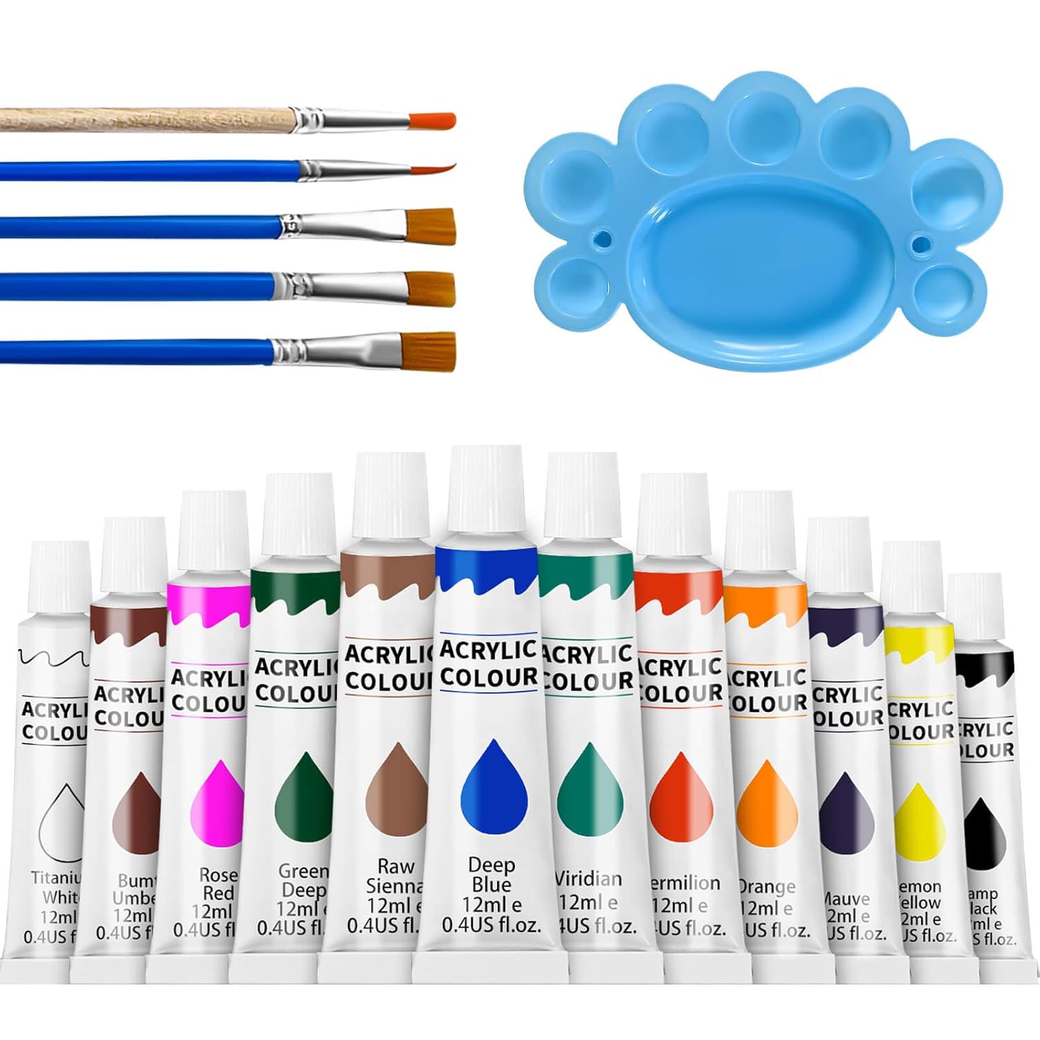 Complete Acrylic Painting Set For Beginners & Kids,12 Vibrant Colors (12Ml,0.4Oz),5 Brushes,1 Palette,All-In-One Art Supplies Kit For Learning,Crafts & Fun
