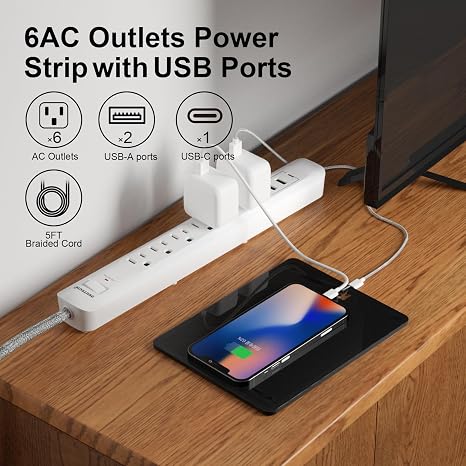 2 Pack Power Strip 6 Outlets 3 USB Ports 1 USB C 5FT Cord White