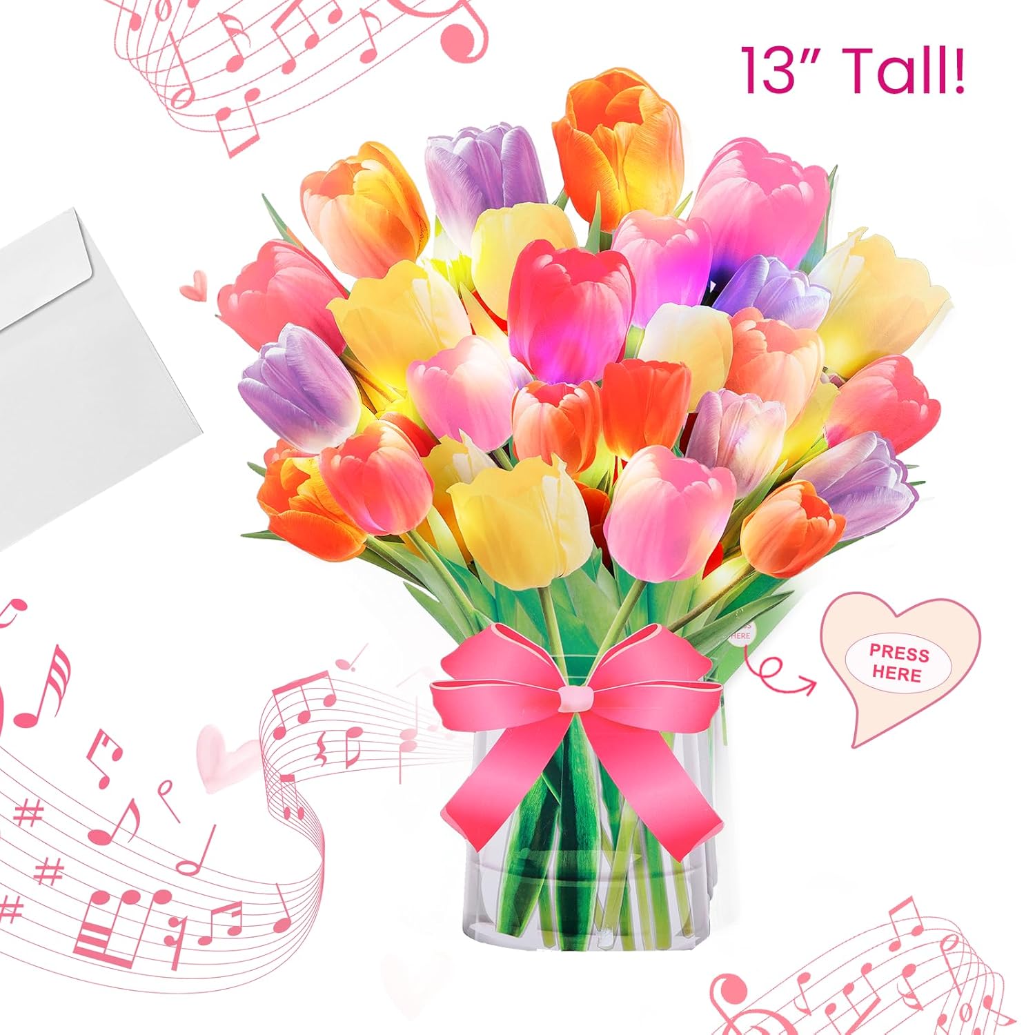 3D Popup Tulips Bouquet Greeting Card | Musical Light Up Flowers Bouquet | Decorative Floral Design | Mom Women Wife | Envelope & Blank Note Card | Perfect For Birthday, Anniversary, Get Well, All Occasion