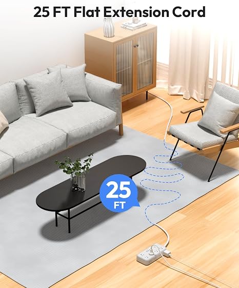 25 ft Flat Extension Cord Long Power Strip with 10 Outlets and 4 USB Ports