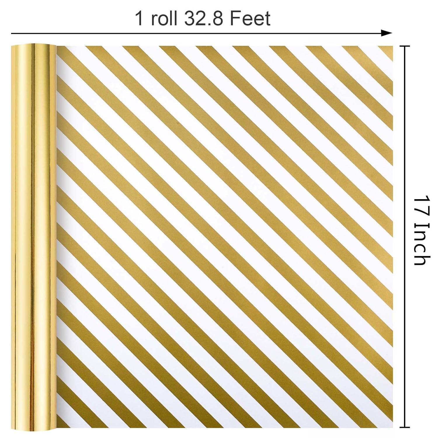 Reversible Gold Wrapping Paper Roll - 17 In X 32.8 Ft(46.5 Sq.Ft.) Metallic Gold And Stripe Design Gift Wrap For Christmas, Wedding, Birthday, Valentines Day, Mothers Day, Baby Shower