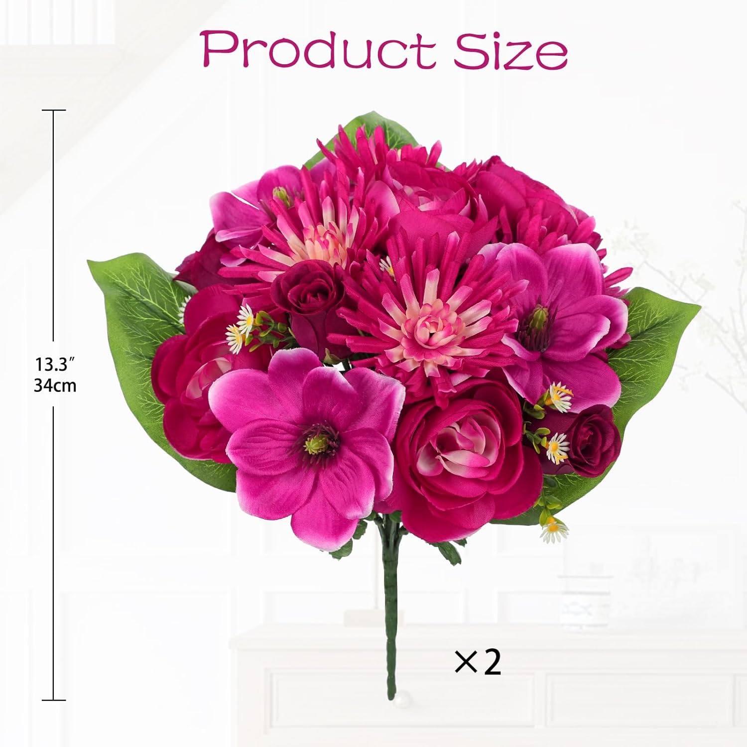 Artificial Flowers Bouquet - 2 Pack Hot Pink Faux Silk Floral Arrangement Fake Magnolia Chrysanthemum Rose Mixed Flower For Home Office Room Vase Memorial Cemetery Outdoor Decor
