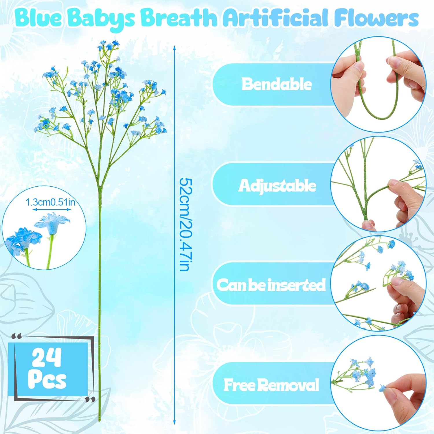 24 Pcs Blue Fake Baby Breath Artificial Flowers 20.5 Inch Real Touch Gypsophila For Wedding Bouquet Party Decor Faux Floral Arrangements Home Garden Centerpieces