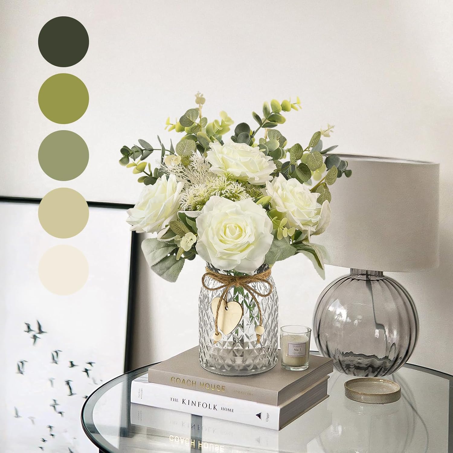 Artificial Flowers With Vase, White Silk Roses Fake Flower Arrangement With Eucalyptus, Faux Plant Vase For Home Office Dining Table Centerpiece Coffee Table Decor Farmhouse Decoration