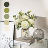 Artificial Flowers With Vase, White Silk Roses Fake Flower Arrangement With Eucalyptus, Faux Plant Vase For Home Office Dining Table Centerpiece Coffee Table Decor Farmhouse Decoration
