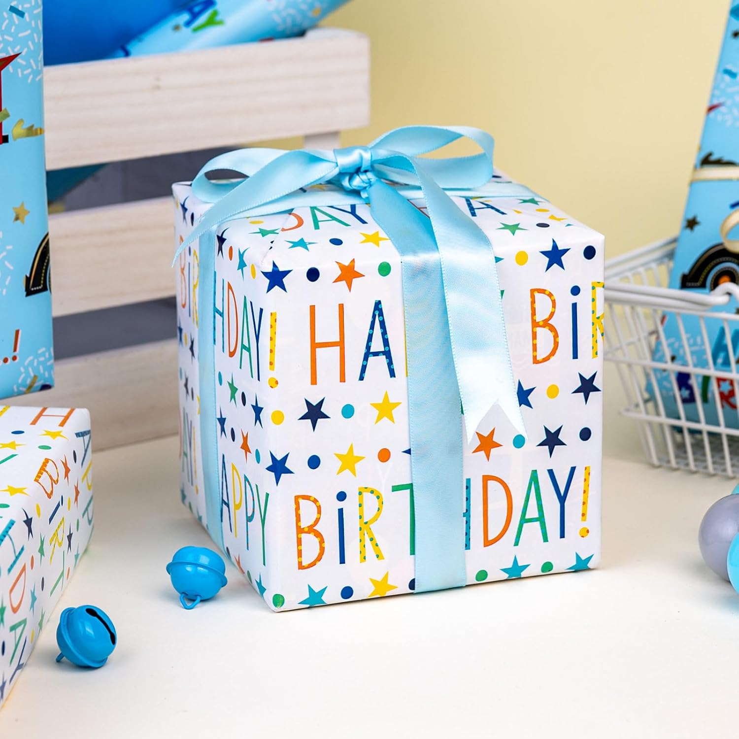Blue Race Car Wrapping Paper Boys, Birthday Wrapping Paper Rolls With Colorful Happy Birthday Text Design For Kids Baby Shower Party - 17 In X 16.4 Ft(23.3 Sqft)