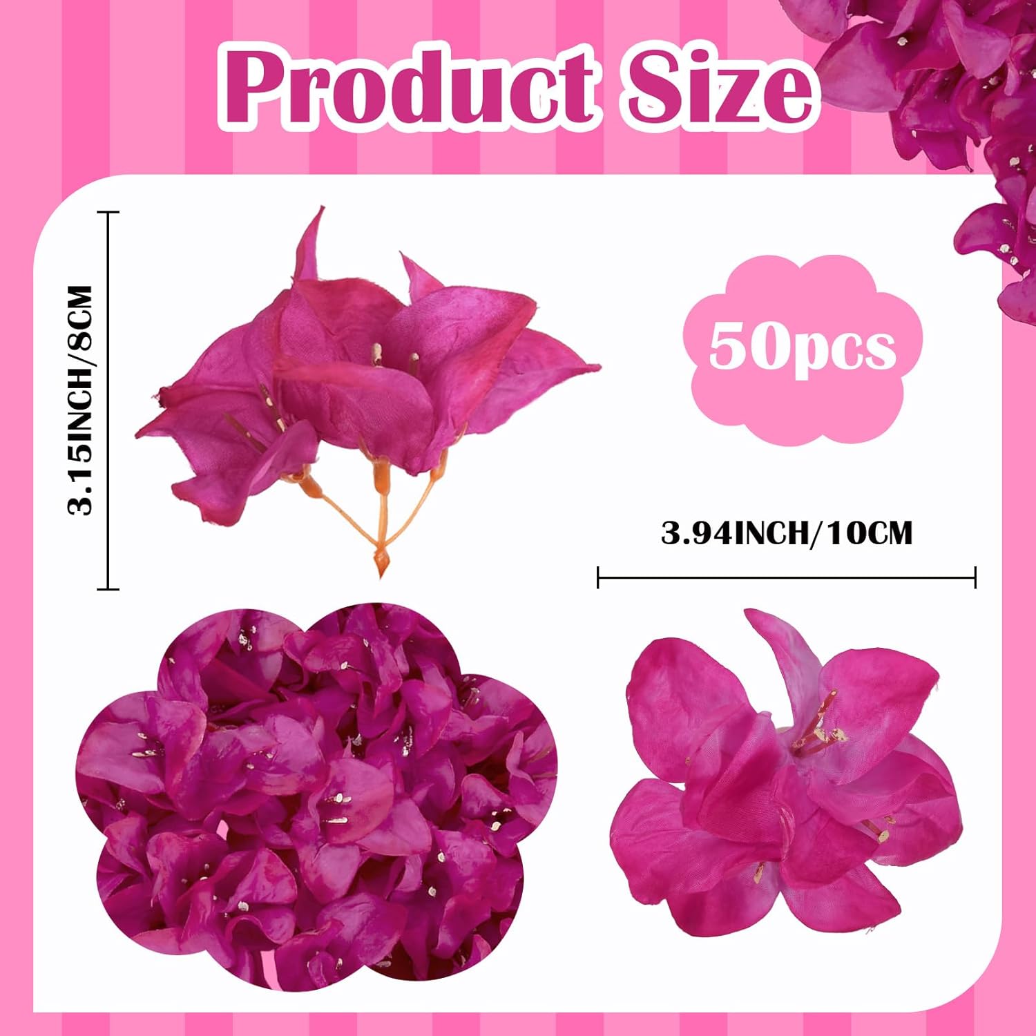50Pcs Hot Pink Bougainvillea Artificial Flower Heads Realistic Silk Fake Flowers Bulk For Crafts Diy Wedding Cake Party Home Decor (Hot Pink)