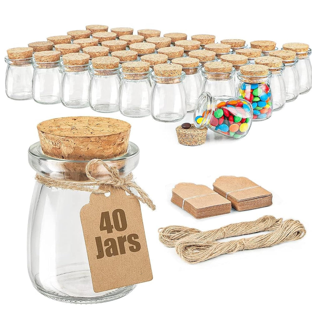 40 Pack Glass Favor Jars With Cork Lid, 3.4 Oz Small Glass Bottles For Wedding Favor, Baby Shower, Party Favor, Gift Jars For Candy, Bonus Twine And Labels