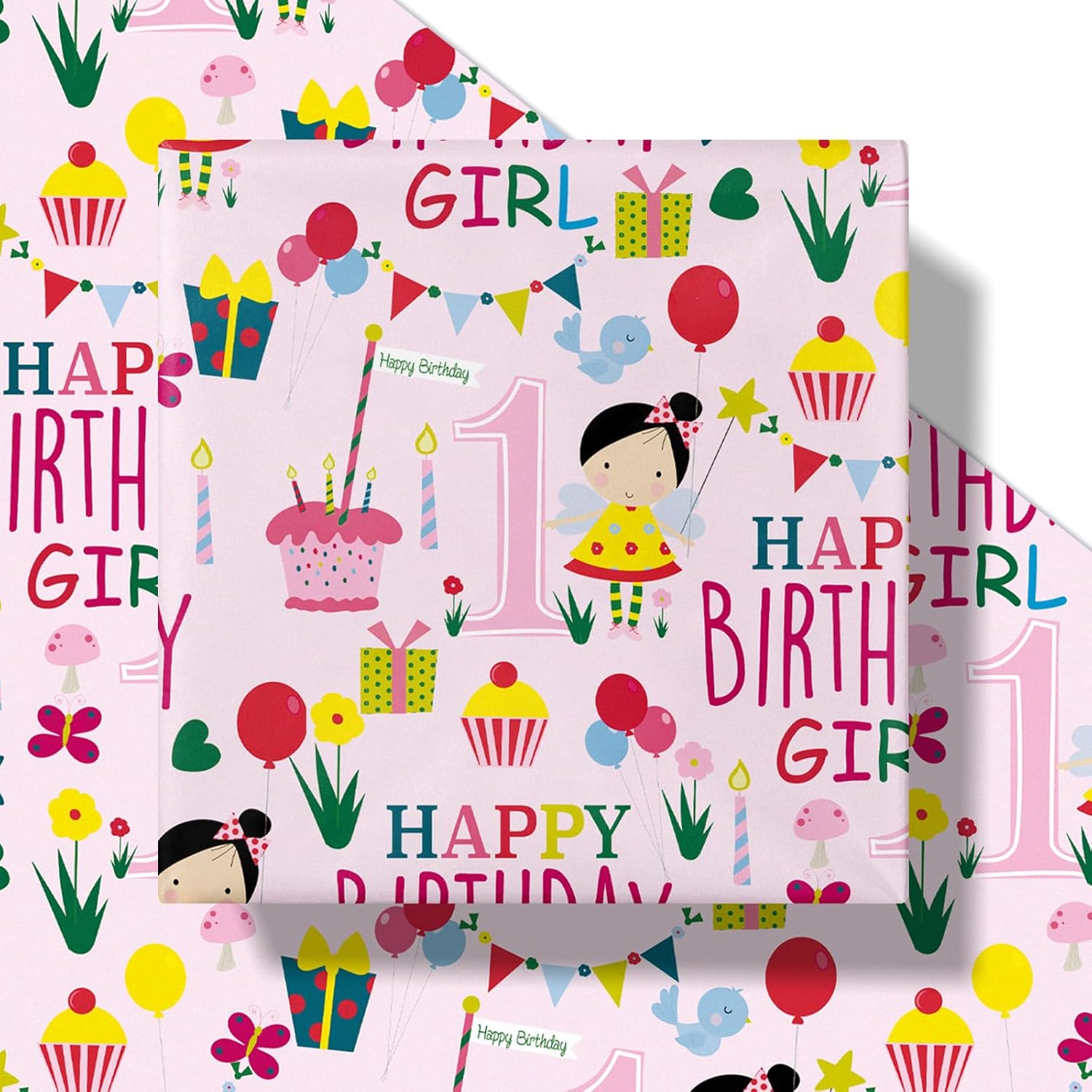 Birthday Wrapping Paper For Girl - Mini Roll - Pink Happy Birthday Girl And Birthday Party Pattern For Girl'S 1St Birthday Party And More - 17 Inches X 16.4 Feet - 1 Year Old