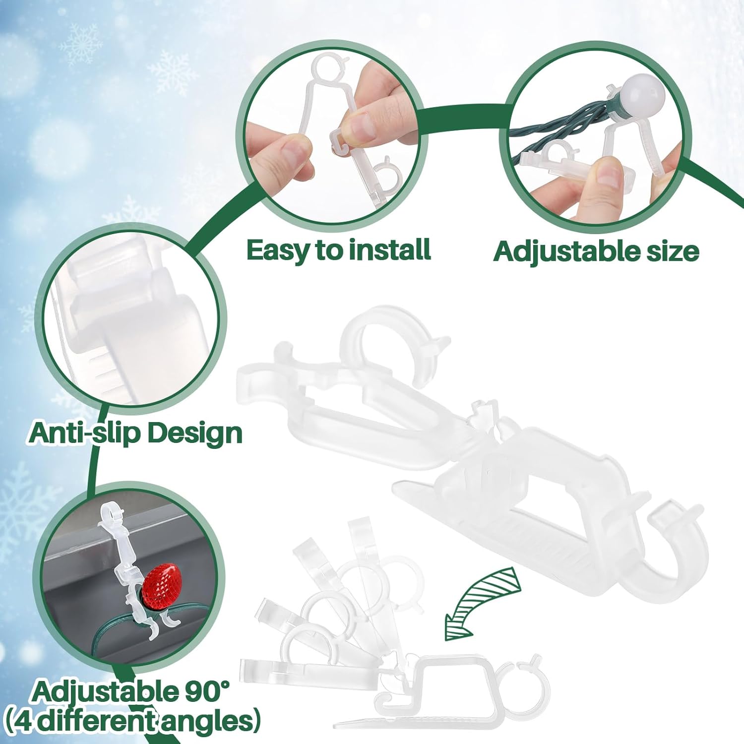 100 Pcs Christmas Multi-Directional Gutter Light Clips Plastic Shingle Roof Clips With Four Locking Positions Fits C7 C9, Icicle, Rope Miniature String Light For Christmas Outdoor Decor