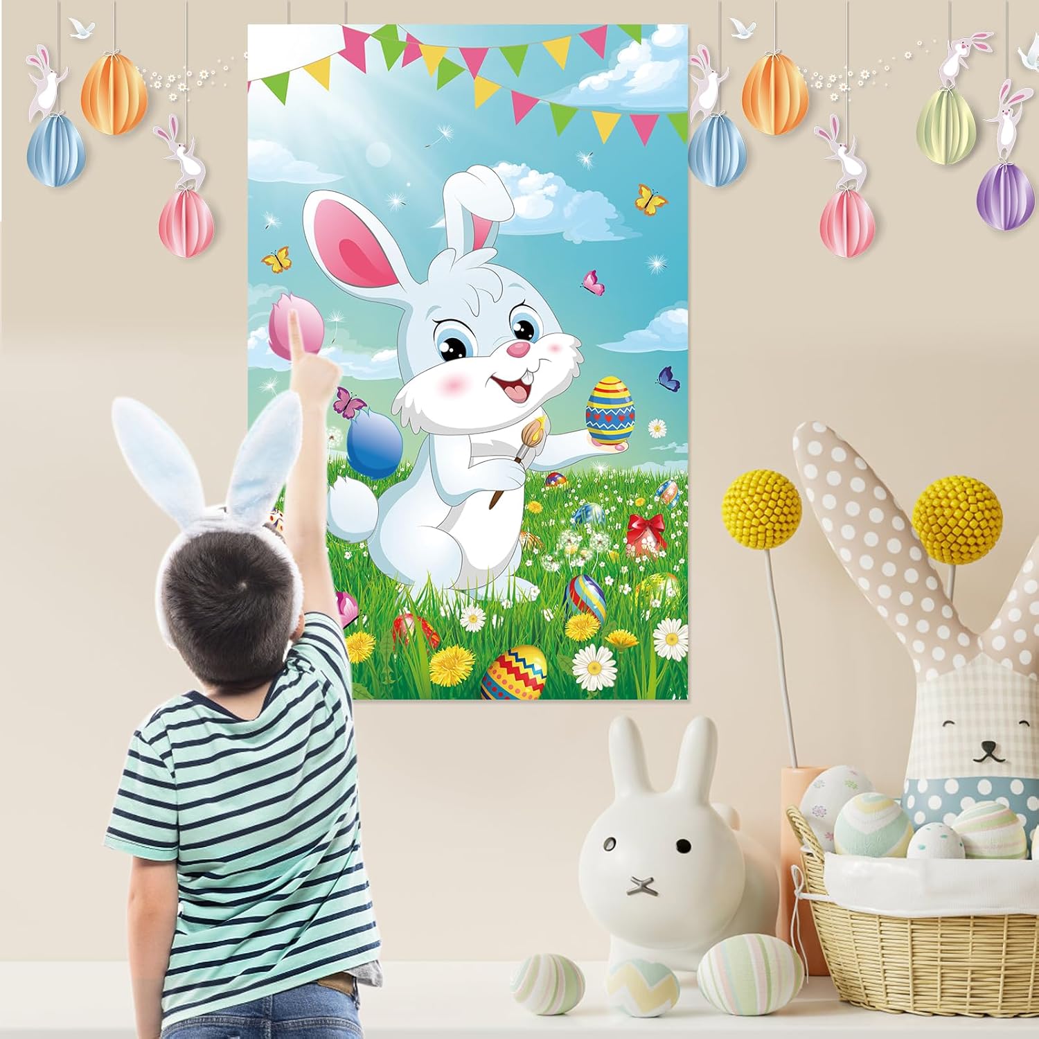 Pin The Tail On The Bunny Game With 36 Pcs Tails, Large Easter Bunny Party Games Poster For Kids Easter Party Supplies, Carnival Birthday Party Decoration