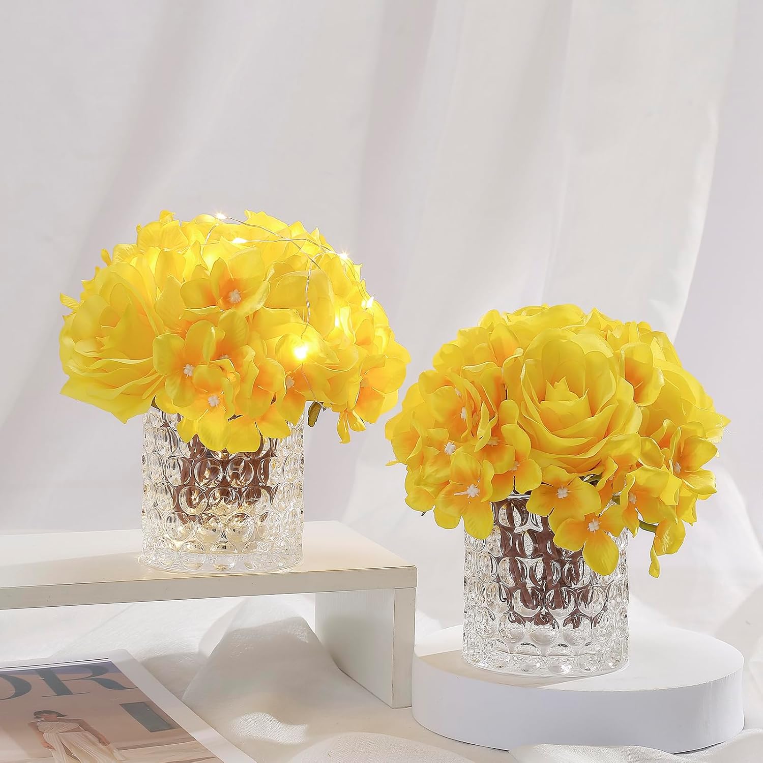 Rose Silk Flower Arrangement Artificial Vivid Rose In Glass Vase With Led Light Elegant Centerpiece For Home Wedding Bathroom Table Shelf Decoration (Yellow)