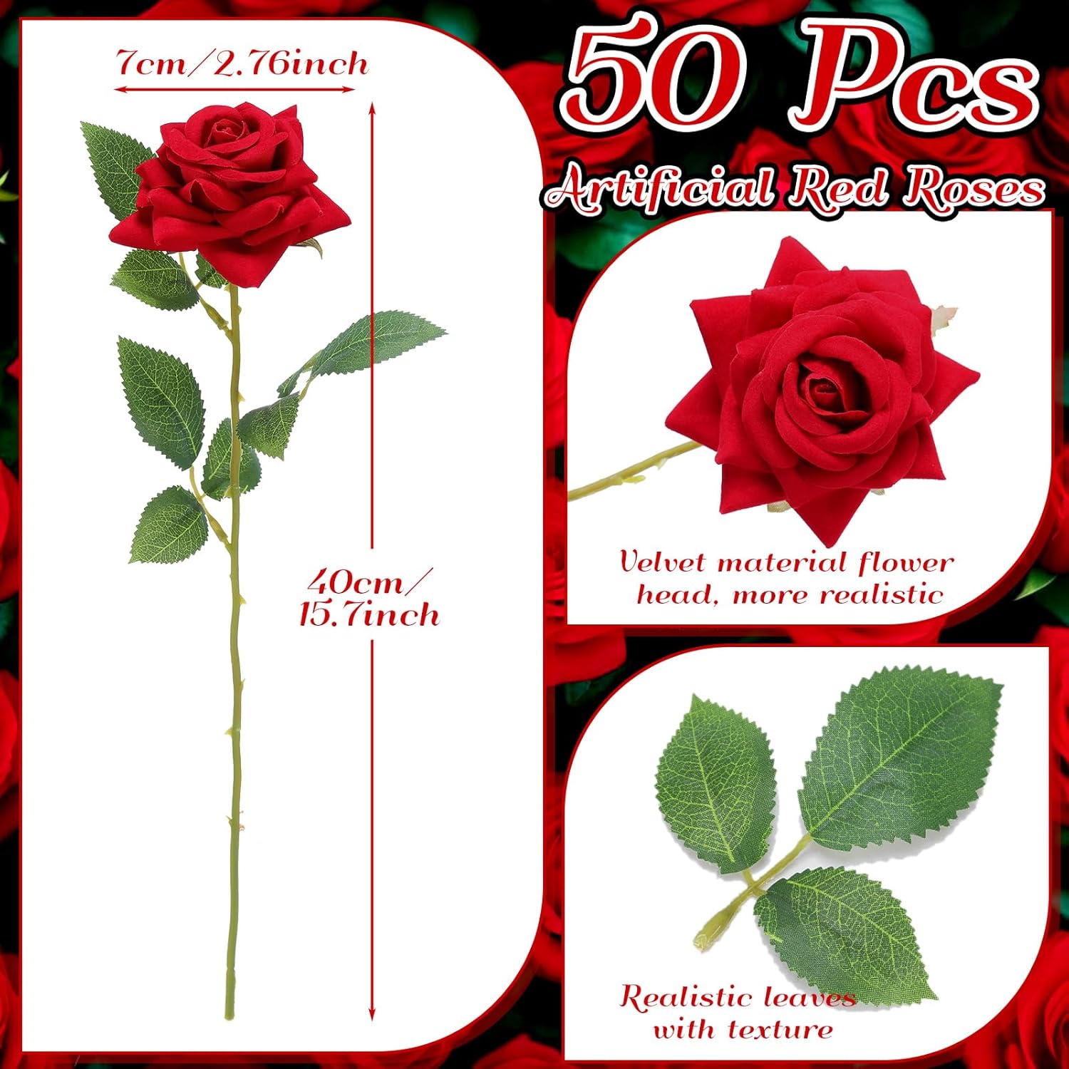 50 Pcs Valentine'S Day Artificial Rose Flower Bulk Velvet Silk Fake Rose Flowers With Long Stem Bouquet Real Looking Diy For Wedding Centerpieces Valentine Garden Home Party Decor(Red)