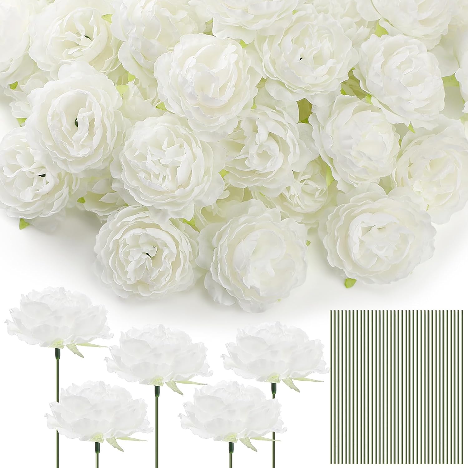 100 Pcs Flowers Long Stem Artificial Rose, 3.2 Inches Silk Rose Head Flowers Fake For Wedding Bridal Bouquet Independence Day Home Floral Diy Centerpieces Party Decoration (White)