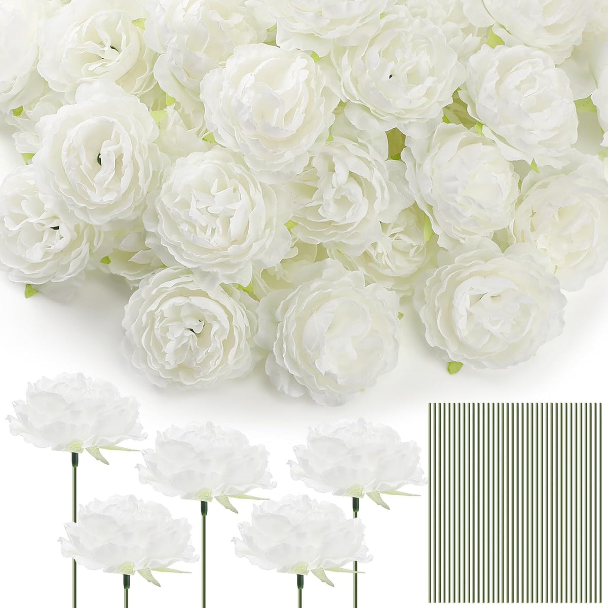 100 Pcs Flowers Long Stem Artificial Rose, 3.2 Inches Silk Rose Head Flowers Fake For Wedding Bridal Bouquet Independence Day Home Floral Diy Centerpieces Party Decoration (White)