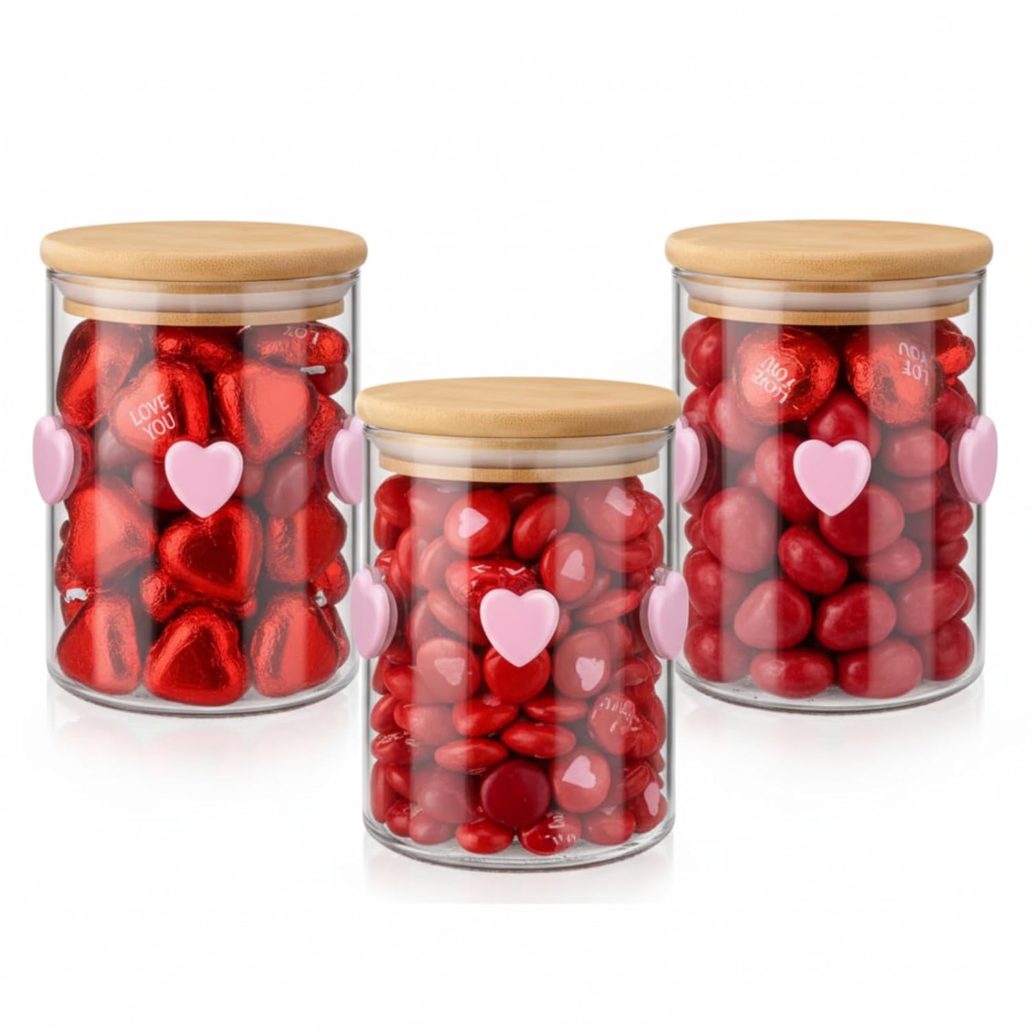 3 Pcs Valentine'S Day Icon Glass Storage Jars With Airtight Bamboo Lid Pink Heart Icon Valentine'S Day Glass Jars Canister Sets For Home Kitchen Countertop Decoration