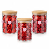 3 Pcs Valentine'S Day Icon Glass Storage Jars With Airtight Bamboo Lid Pink Heart Icon Valentine'S Day Glass Jars Canister Sets For Home Kitchen Countertop Decoration