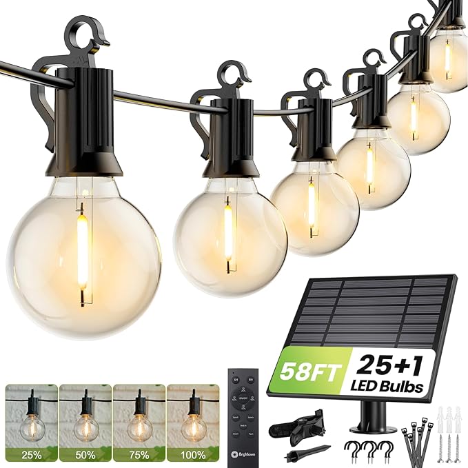 58FT Solar String Lights 26 Shatterproof Bulbs Remote Dimmer Timer Patio Lights