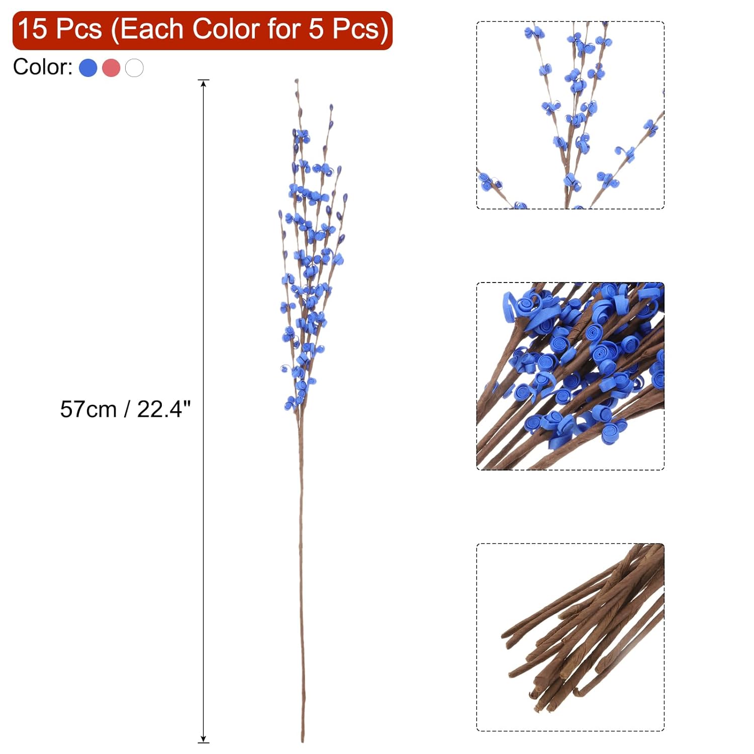 15Pcs Artificial Flowers 22.4" Faux Flowers Fake Bulk Branches Bouquets For Home Office Garden Vase Table Wedding Decoration, White, Blue, Red