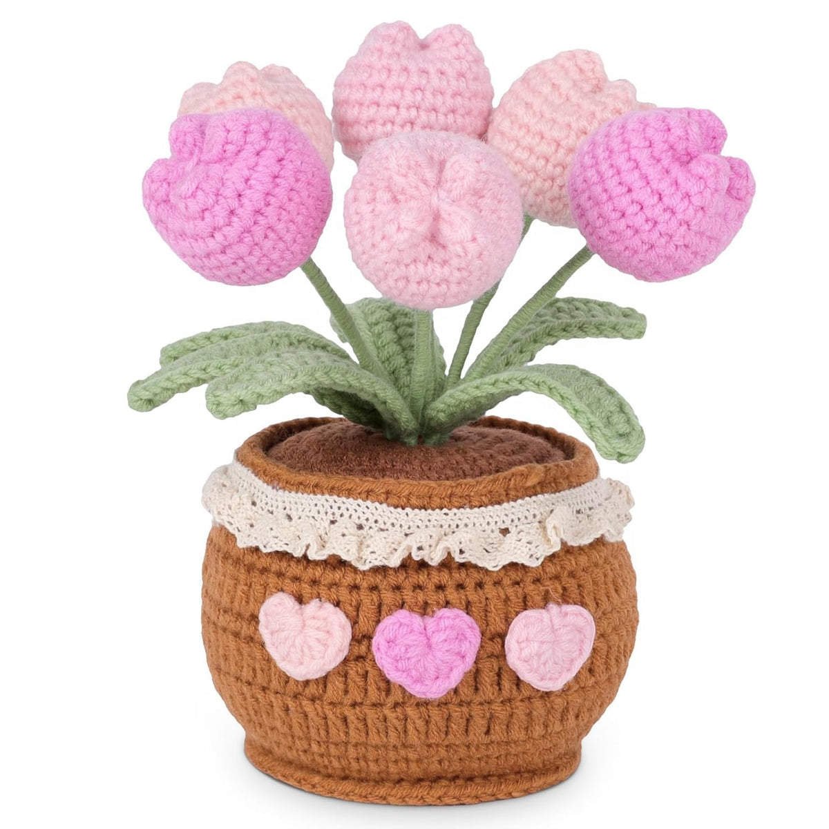 Handmade Potted Crochet Tulip Bouquet, Blush Pink Crocheted Tulips Hand Woven Flowers Knitted Flowers In Exquisite Pot Gift For Women Friends Kids For Home Desk Decor