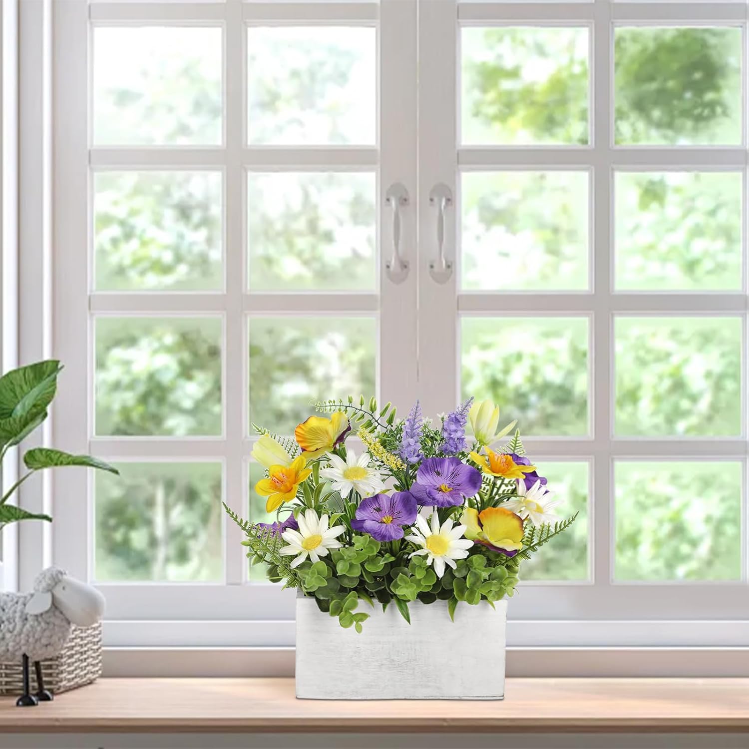 Table Floral Arrangement Centerpiece, Faux Flowers In Wooden Vase, Silk Flowers For Home Decor Indoor, Spring Summer Flower Farmhouse Table For Living Room Dining Coffee Table Shelf Decor