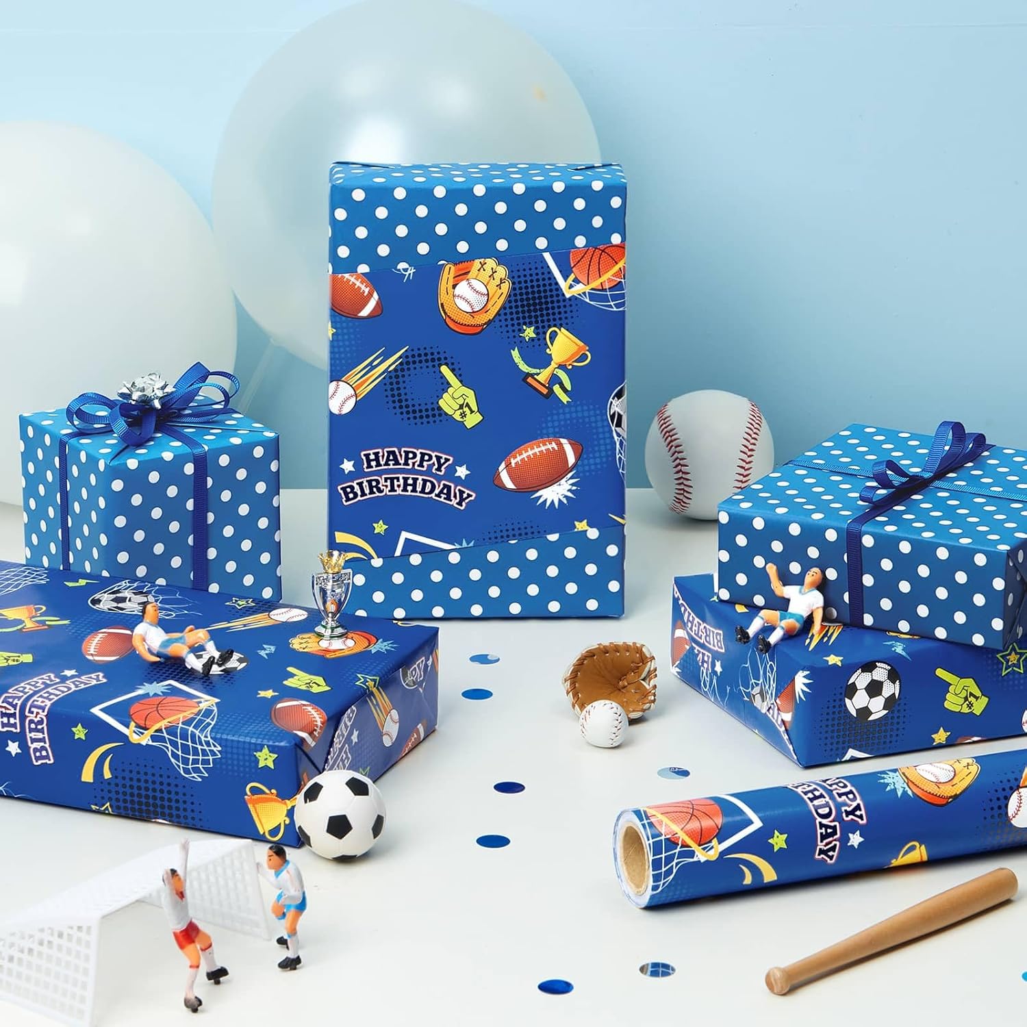 Sport Ball Wrapping Paper Roll - 1 Roll 17” X 33 Ft Happy Birthday Wrapping Paper For Kids Boys Blue Sports Gift Wrap With Football Basketball Design For Birthday Baby Shower Party Favor