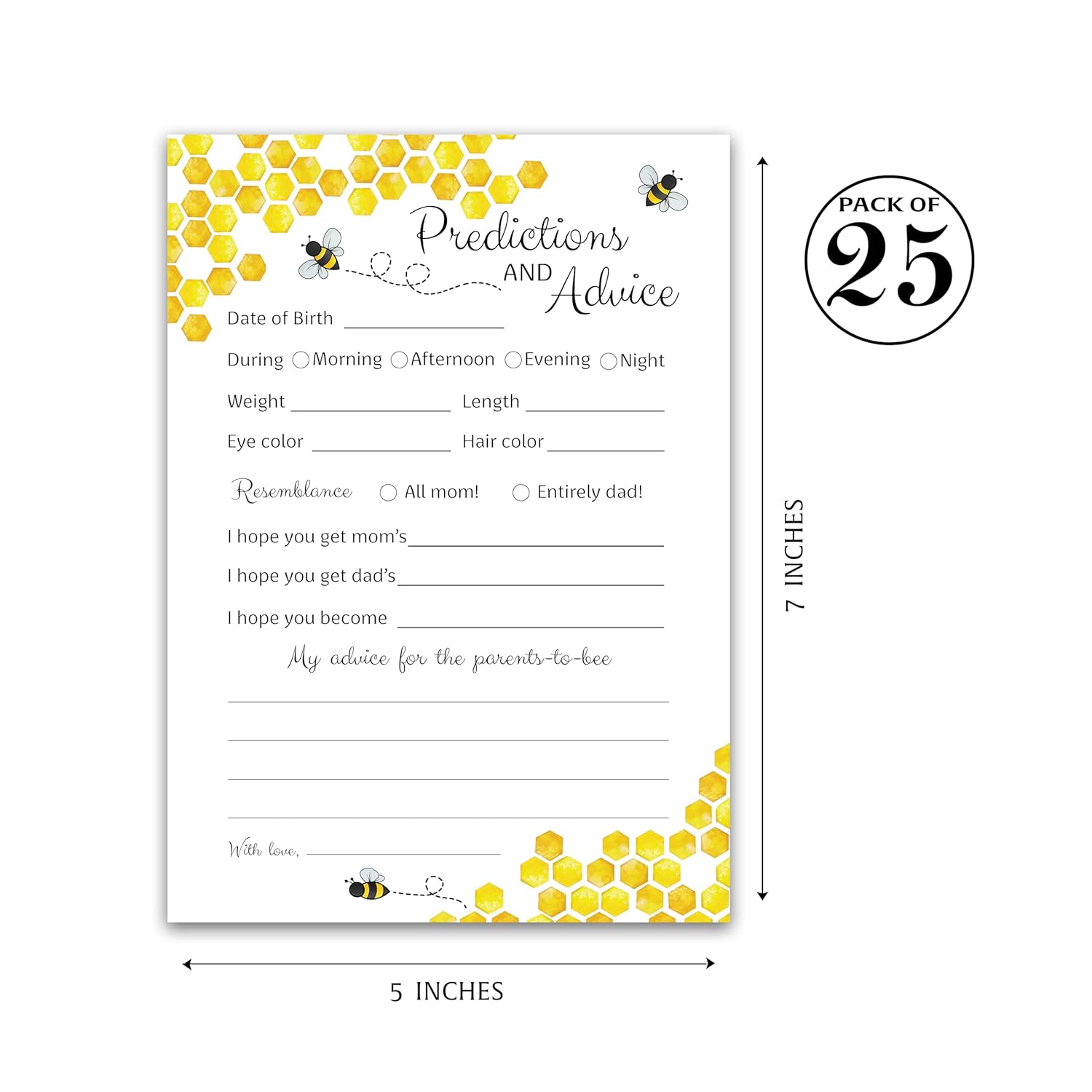 Bee Prediction And Advice Cards - Pack Of 25 - Bumblebee Baby Shower Games, Yellow Neutral Bumble Bee New Parents, Mom & Dad To Be, Mommy & Daddy Message, Honey Bee Coed Activity Keepsake G620-Pdav