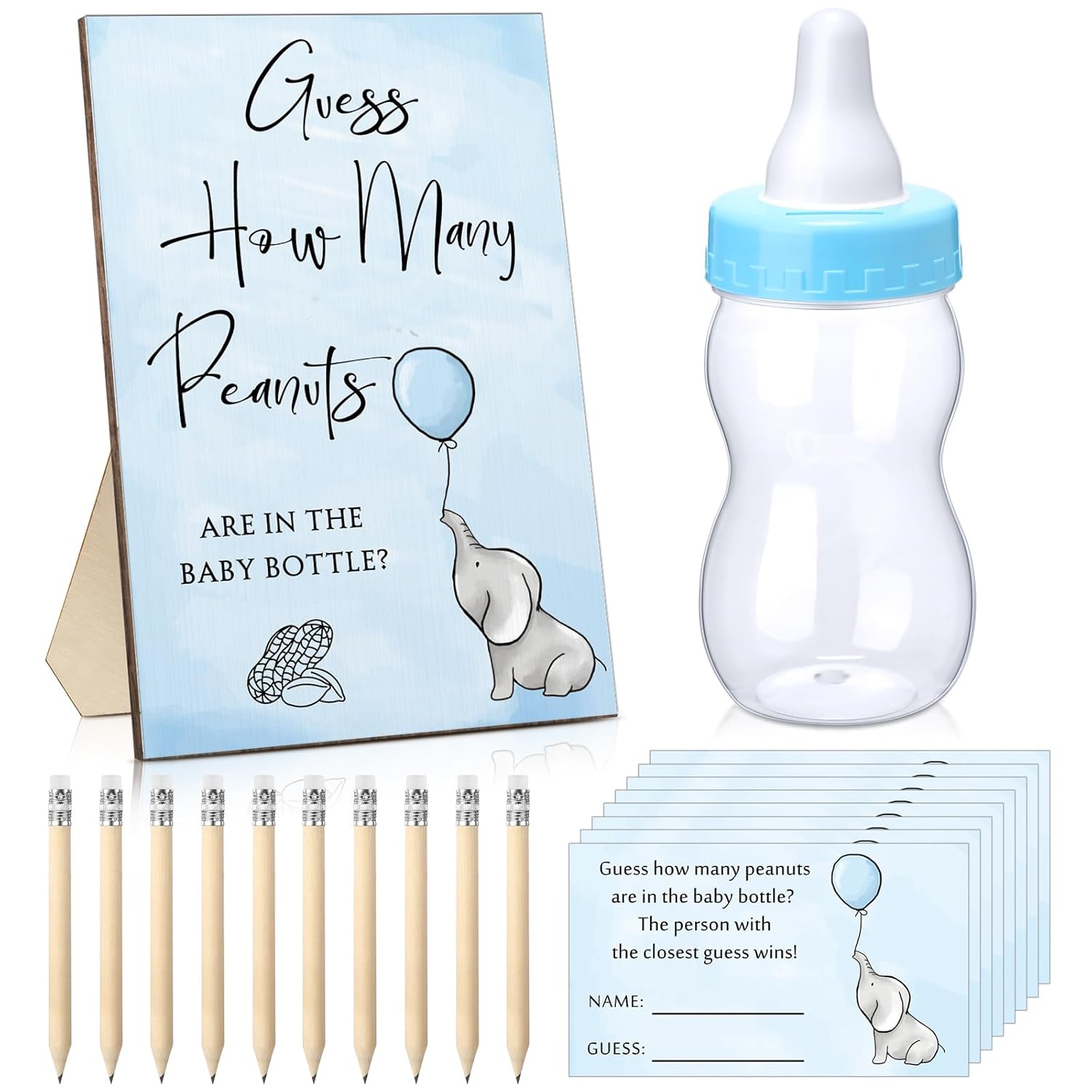 122 Pcs Guess How Many Baby Shower Game Set 100 Guessing Cards 20 Pencils 1 Plastic Baby Candy Bottle 1 Elephant Wood Standing Sign Decorations For Gender Reveal Party Favors
