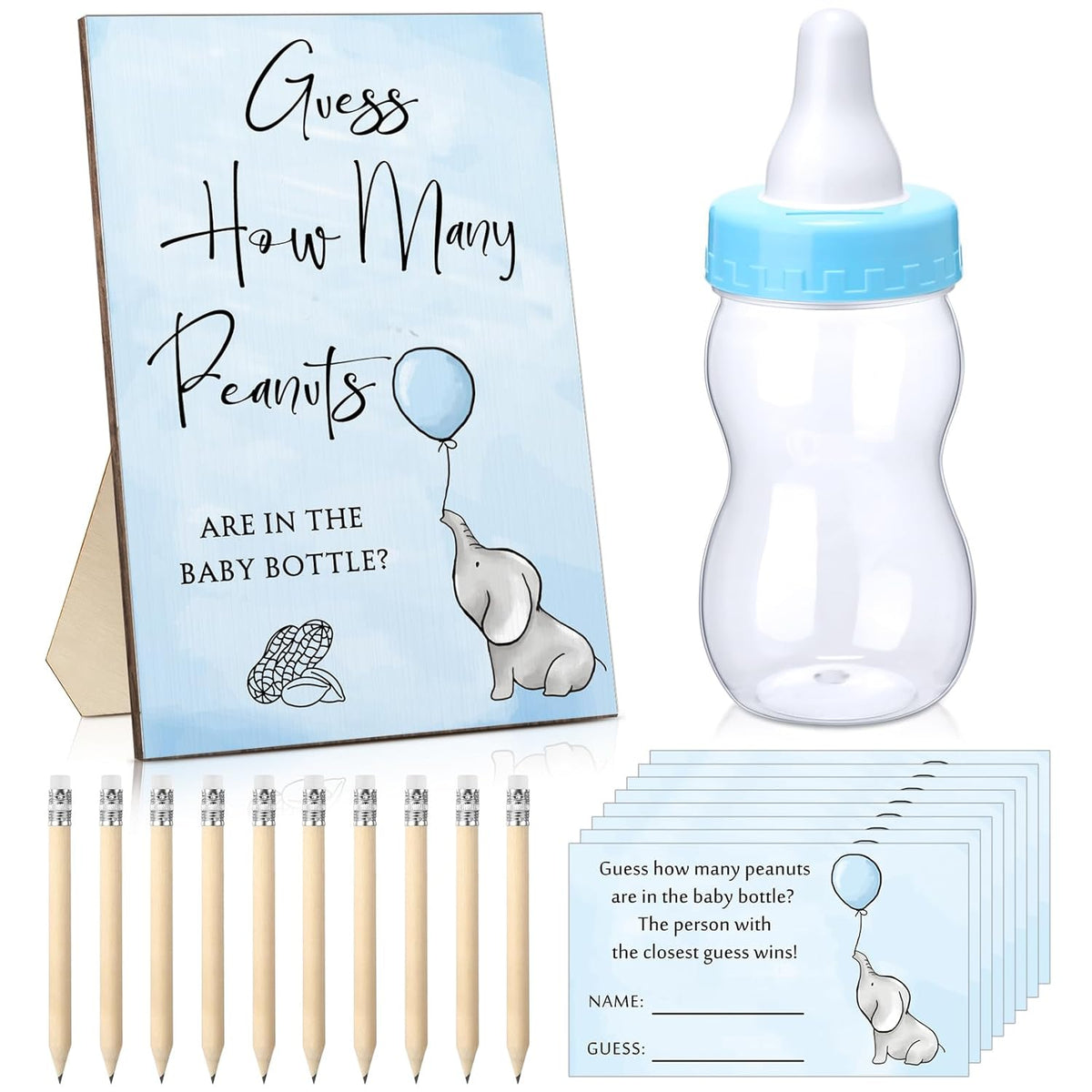 122 Pcs Guess How Many Baby Shower Game Set 100 Guessing Cards 20 Pencils 1 Plastic Baby Candy Bottle 1 Elephant Wood Standing Sign Decorations For Gender Reveal Party Favors
