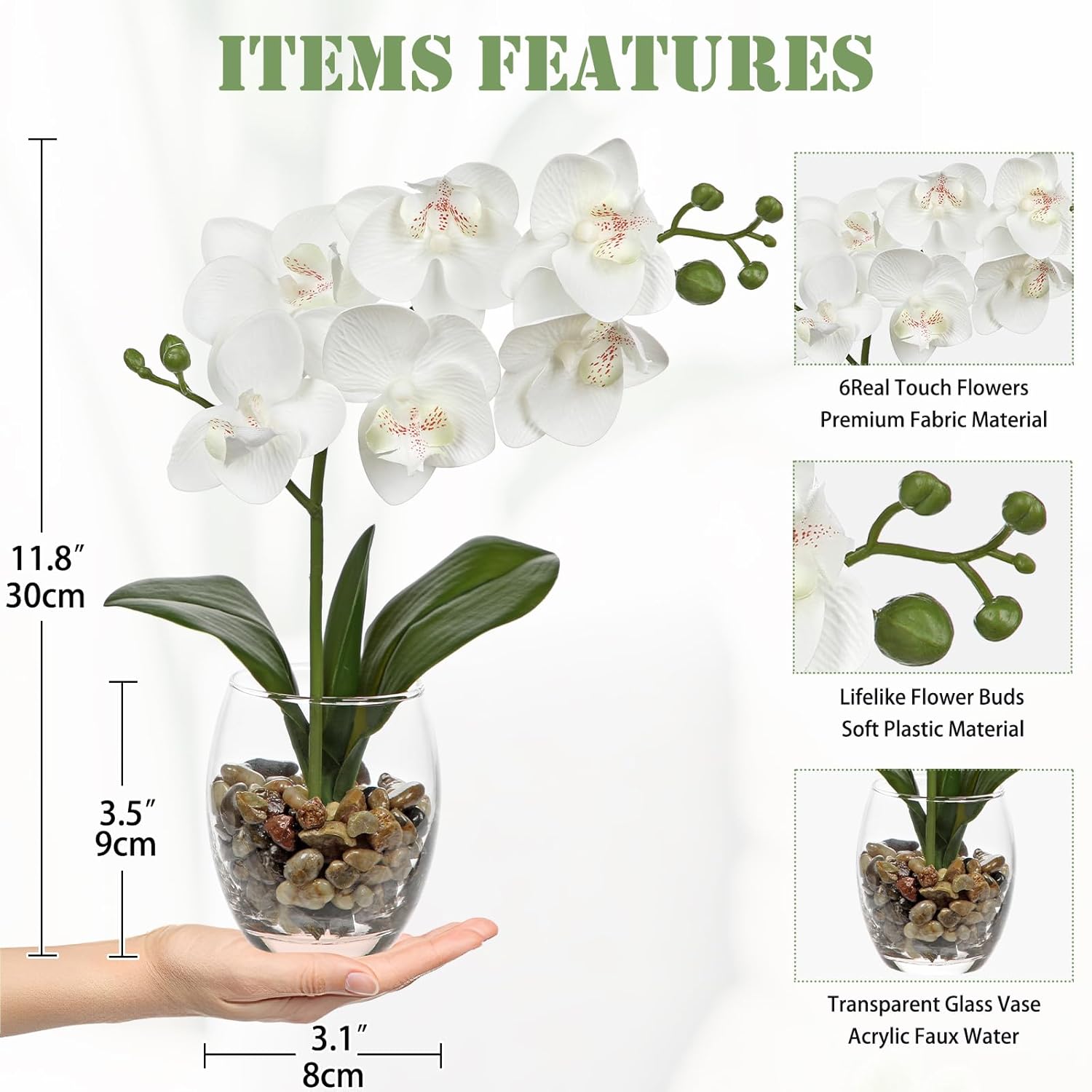 White Orchids Artificial Flowers With Vase, Small Faux Orchid Arrangement Set Of 2 Fake Flowers In Glass Vases Small White Centerpieces For Kitchen Dining Room Tables Bathroom Nightstand Shelf Decor
