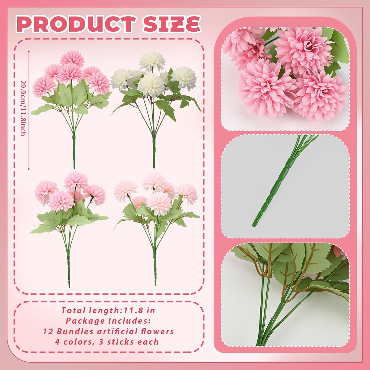 12 Pcs Valentines Artificial Flowers For Outdoor Indoor Spring Pink White Faux Flowers Spring Fake Silk Chrysanthemums Bouquet For Vase Table Floral Arrangement Valentines Wedding Home Decor