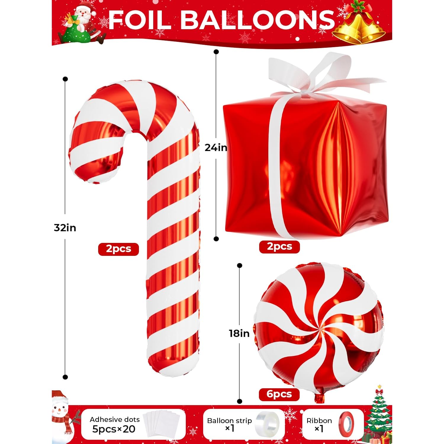 Christmas Balloon Garland Arch Kit, 125Pcs Red White Xmas Balloons With Red Star Balloons, Candy Cane, Gift Box, Big Foil Balloon For Birthday New Year Merry Christmas Party Decorations