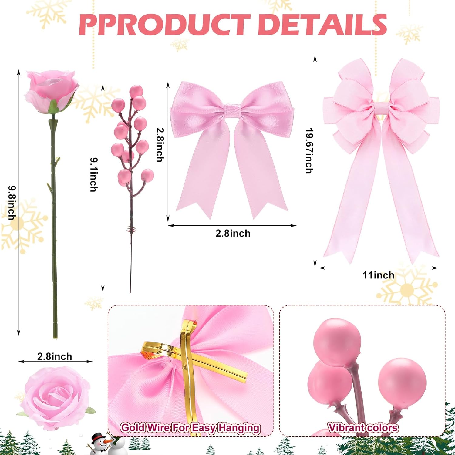 61 Pcs Rose Christmas Tree Decoration Include Faux Rose Artificial Berries Small Ribbon Bows Big Topper Bow Holiday Decorations Set For Home Wreaths Xmas Tree (Pink)