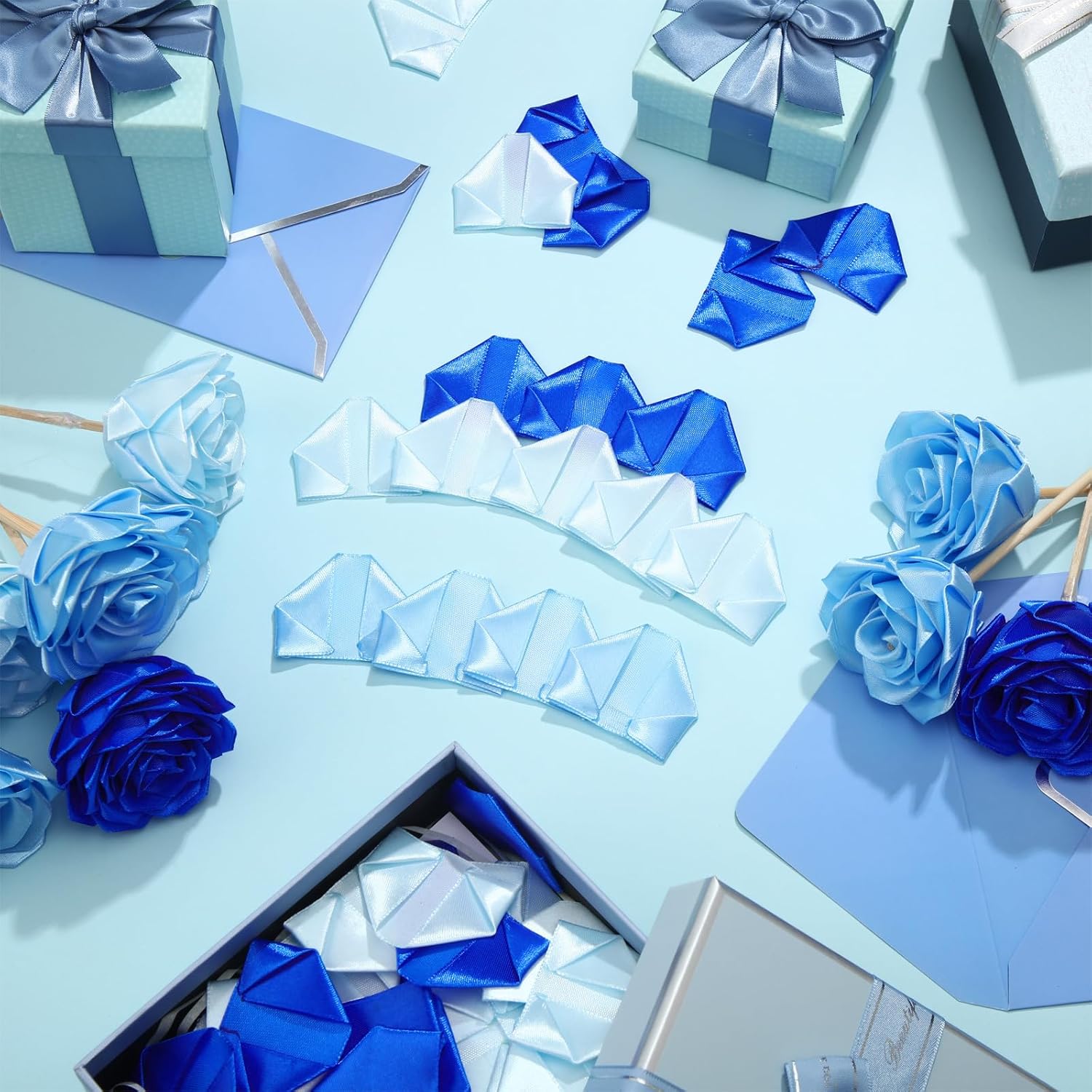 429 Pcs Premade Satin Ribbon Rose Petals Half Finished Three Color Eternal Rose Diy Flowers Bouquets Everlasting Floral For Birthday Wedding Anniversary (Dusty Blue)