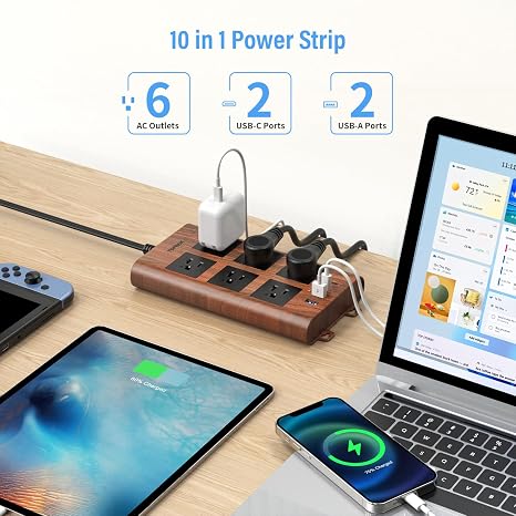 Surge Protector Power Strip 6 Outlets 4 USB Ports 2 USB C 6.5FT Flat Plug Extension Cord Wood Finish