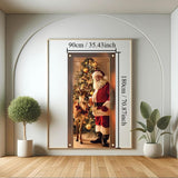 Christmas Door Cover Santa And Reindeer Banner 71 X 35 Inch Gold Ornament Tree Backdrop Holiday Decoration For Front Door Winter Party Wall Hanging Merry Xmas Entryway Photo Prop