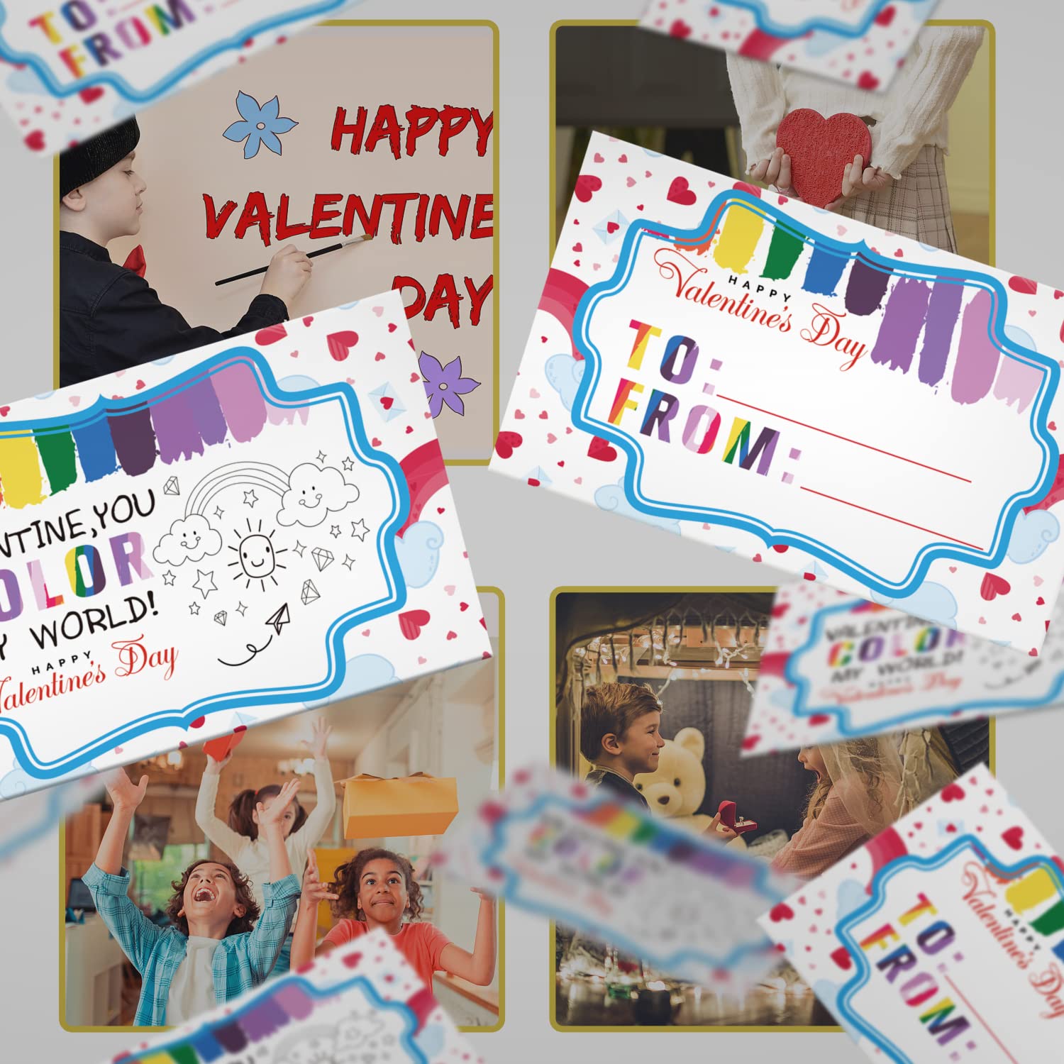 30 Valentine Cards, Printed Color My World Valentines, Valentine'S Card With Watercolor Paint, Valentines Day Family Activities Crafts(A06D)